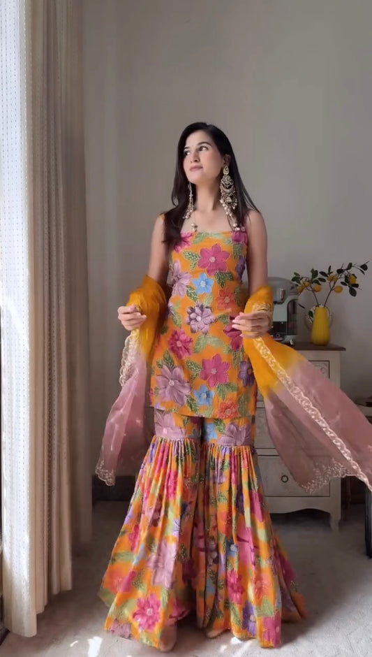 Digital Printed And Embroidery With Stone Hand Worked Top-Sharara And Dupatta Set