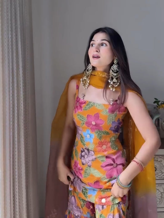 Digital Printed And Embroidery With Stone Hand Worked Top-Sharara And Dupatta Set