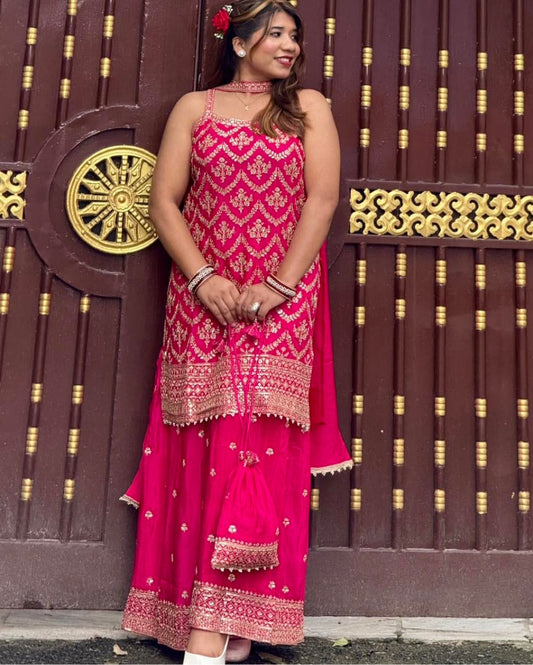 Pink Color Embroidery Sequence Worked Top Plazzo And Dupatta Set