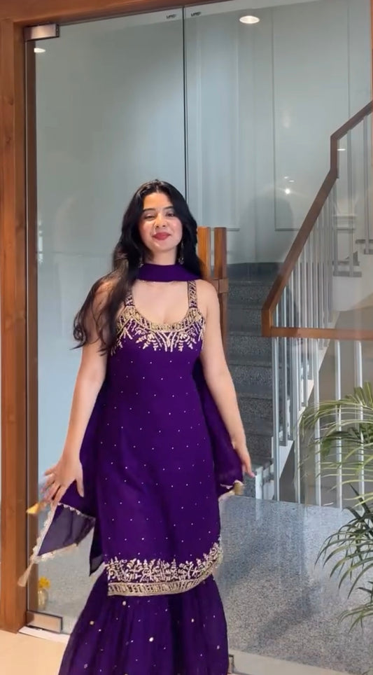 Purple Designer Embroidered Sequence Sharara Suit Set