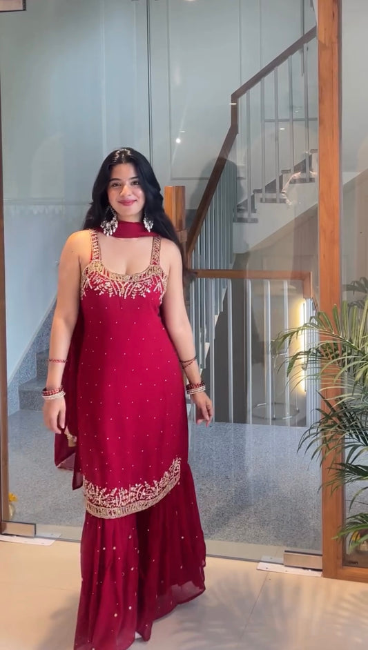 Red Designer Embroidered Sequence Sharara Suit Set