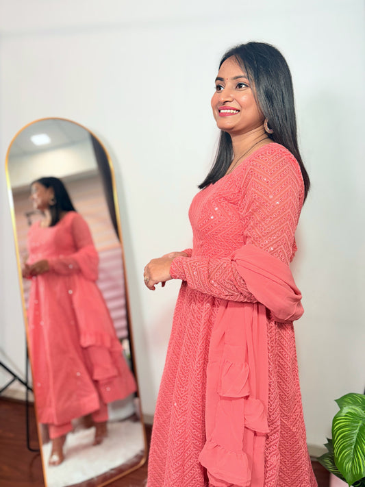 Peach Embroidered Anarkali Suit with Ruffle Dupatta