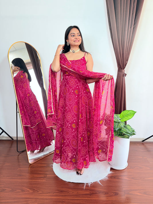 Vibrant Pink Bandhani Anarkali Set for Women With Matching Dupatta