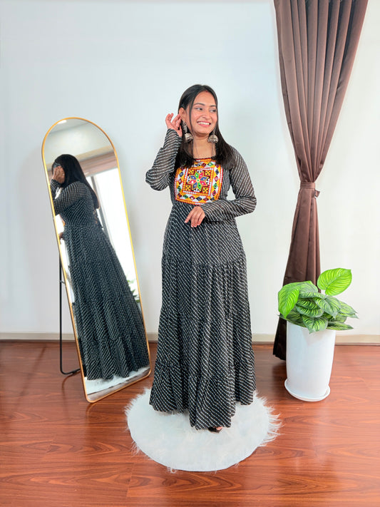 Elegant Black Bandhani Anarkali Dress with Kutchi Embroidery Long Ethnic Gown for Festive Wear
