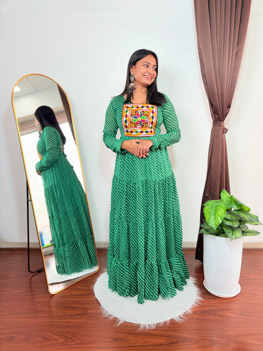 Green Bandhani Long Dress with Colorful Kutchi Embroidery Yoke Ethnic Full Sleeve Anarkali Gown