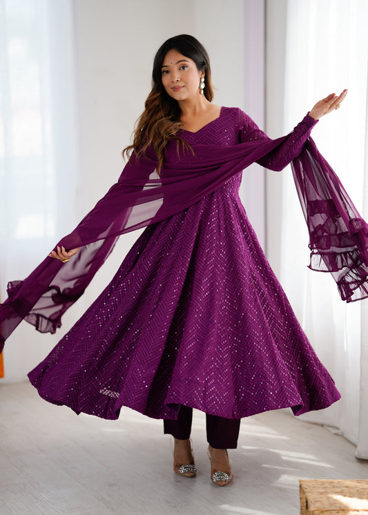 Plum Purple Sequin Georgette Anarkali Suit with Dupatta