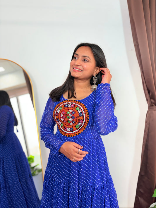 Royal Blue Bandhani Long Dress with Circular Kutchi Embroidery Full Sleeve Ethnic Anarkali Gown