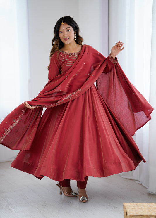 Rust Red Embroidered Silk Anarkali Suit with Dupatta