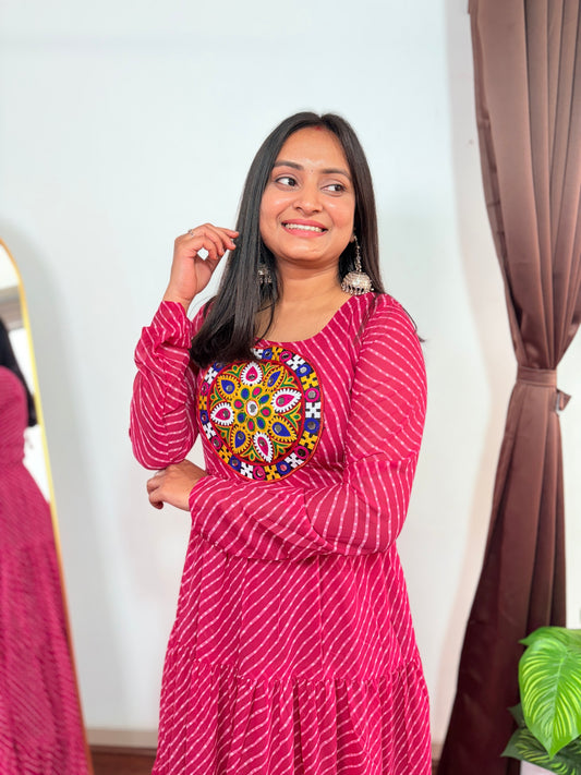 Pink Bandhani Maxi Dress with Colorful Mirror Work Yoke Stylish Back Lace Up Design for Festive & Ethnic Wear