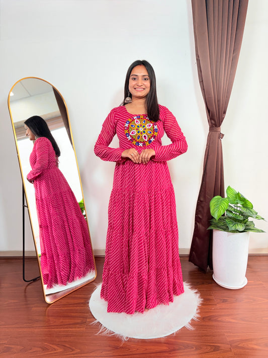 Pink Bandhani Maxi Dress with Colorful Mirror Work Yoke Stylish Back Lace Up Design for Festive & Ethnic Wear