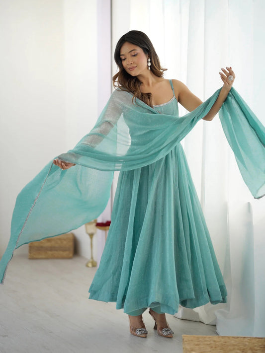Sea Green Georgette Anarkali Suit with Dupatta Elegant Sleeveless Flared Long Dress for Women