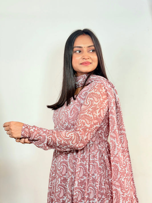 Designer Anarkali Kurti for Women Maroon Paisley Print Long Ethnic Gown with Full Sleeves Party & Festive Wear