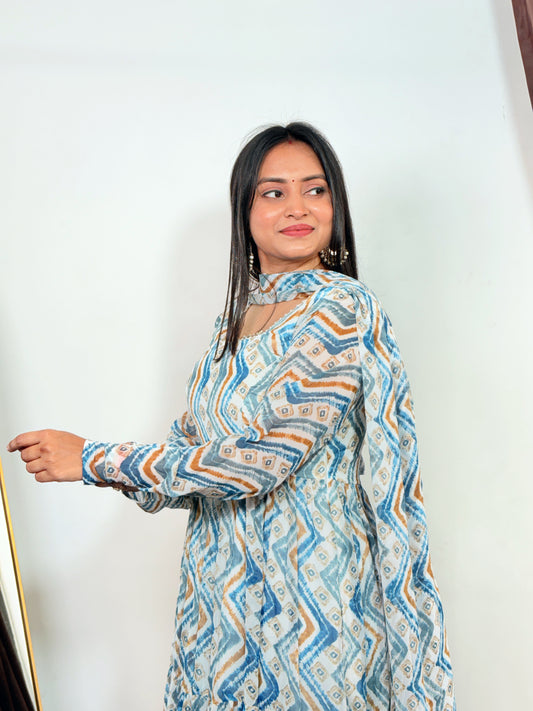 Blue & White Printed Long Kurti for Women Elegant Ethnic Wear with Zigzag Pattern & Flared Style