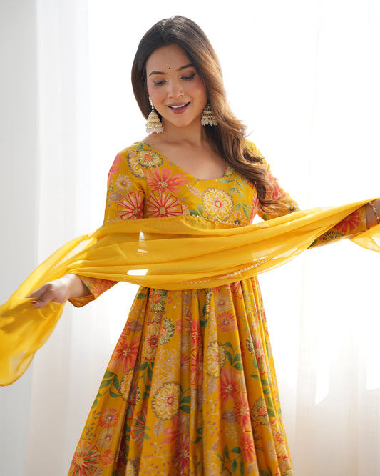 Yellow Pure Soft Romansilk Chanderi Printed Plazzo Suit Set