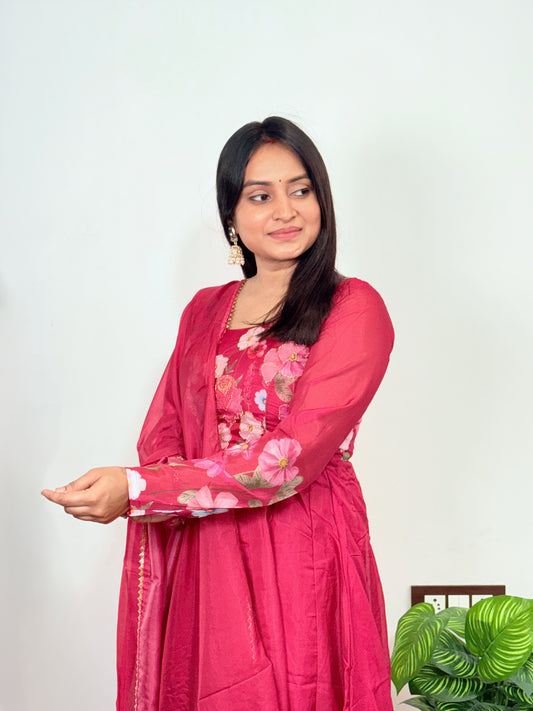 Women’s Pink Floral Printed Anarkali Suit Set with Dupatta Elegant Ethnic Wear for Parties Weddings & Festivals