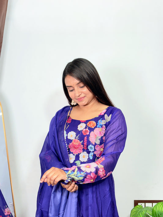 Women’s Royal Purple Floral Printed Anarkali Suit Set with Dupatta Elegant Ethnic Wear for Parties Weddings & Festivals
