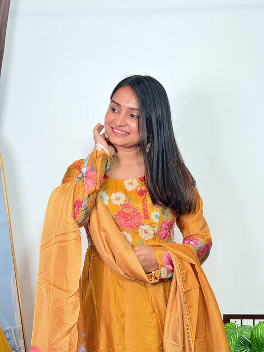 Women’s Mustard Floral Printed Anarkali Suit Set with Dupatta Elegant Ethnic Wear for Parties Weddings & Festivals