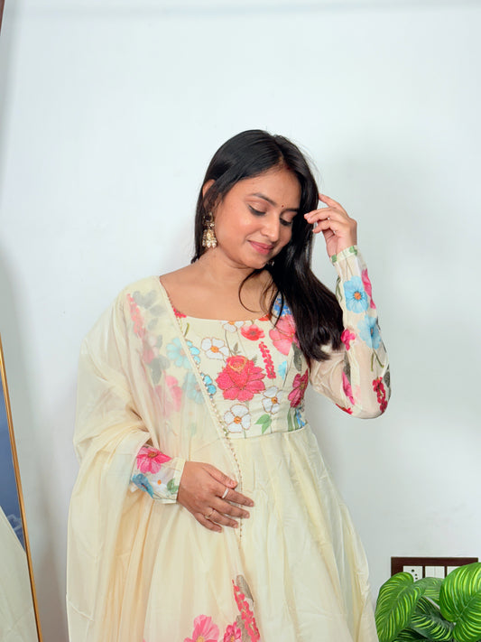 Women’s Cream Anarkali Suit Set with Dupatta Elegant Floral Ethnic Wear for Parties Weddings & Festivals