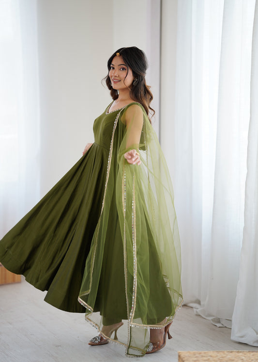 Designer Green Anarkali Kurta Set with Gold Lace Border Dupatta