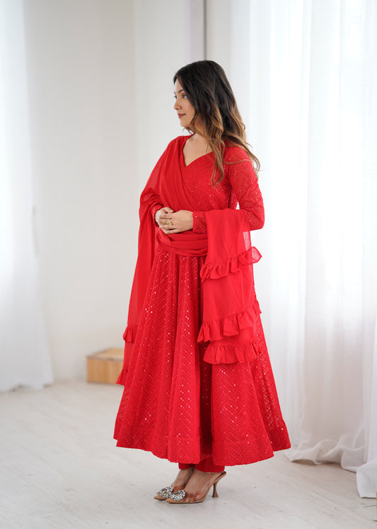 Red Sequin Georgette Anarkali Suit with Dupatta