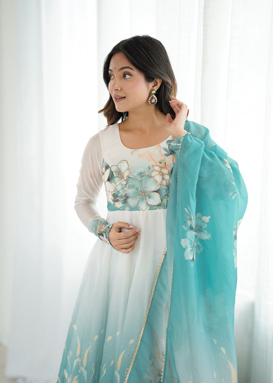 Aqua Blue Pure Soft Organza Silk Anarkali Suit Set