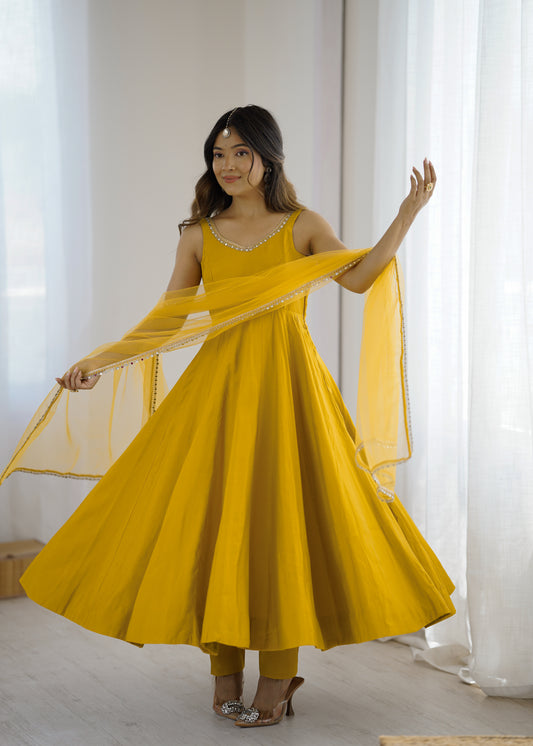 Designer Yellow Anarkali Kurta Set with Gold Lace Border Dupatta