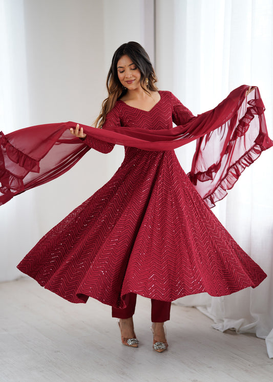 Maroon Sequin Georgette Anarkali Suit with Dupatta