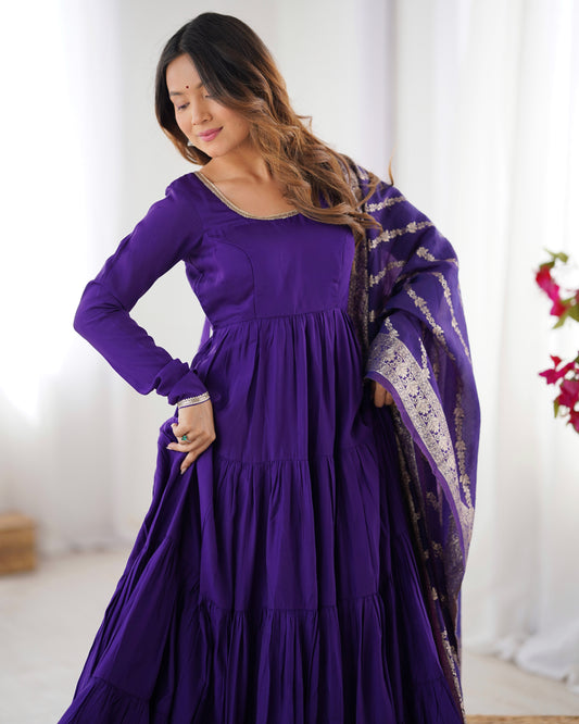 Purple Color Pure Roman Silk Ruffle Style Anarkali Suit Set