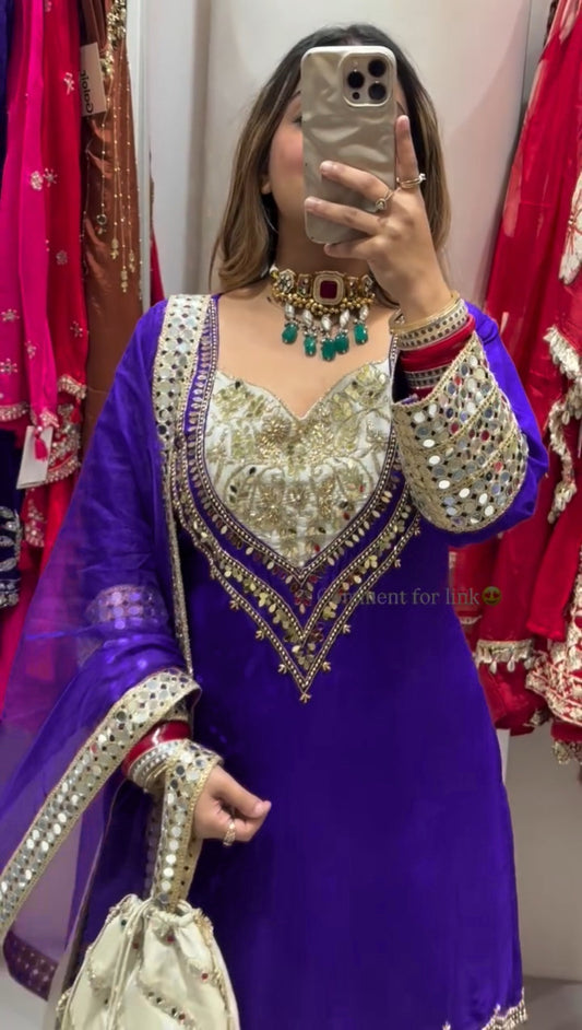 New Designer Party Wear Purple Color Mirror Work Plazzo Suit Set