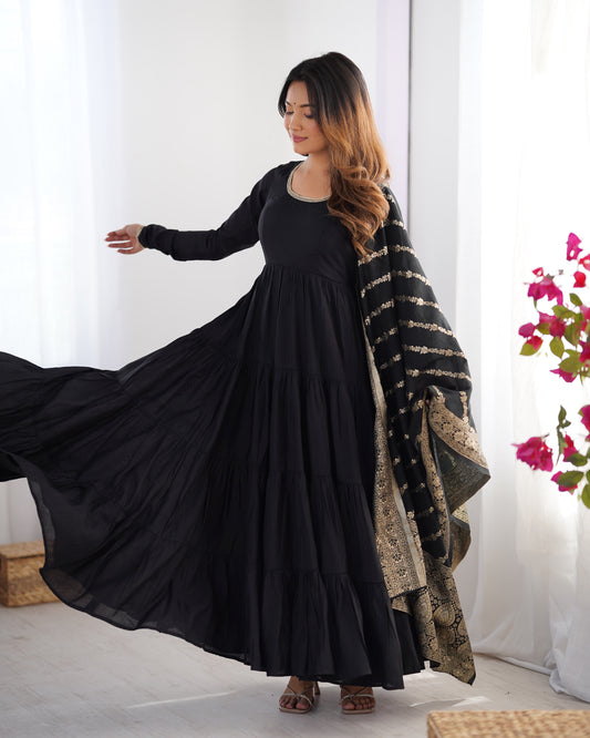 Black Color Pure Roman Silk Ruffle Style Anarkali Suit Set