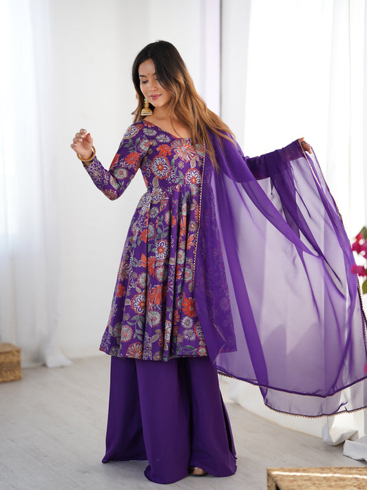 Purple Pure Soft Romansilk Chanderi Printed Plazzo Suit Set