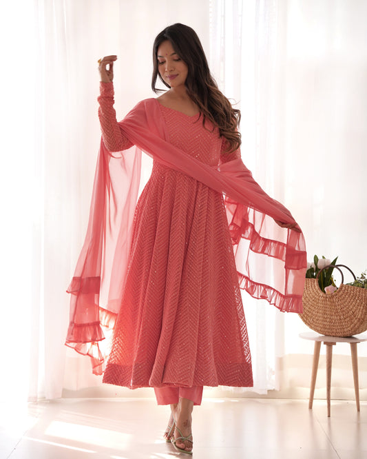 Peach Pink Sequin Georgette Anarkali Suit with Dupatta