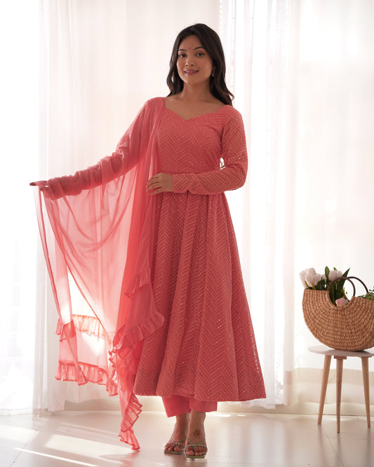 Peach Pink Sequin Georgette Anarkali Suit with Dupatta