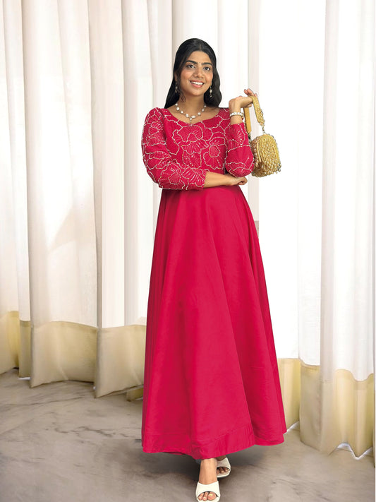Party Wear Red Color Embroidery And Beads Hand Worked With Well Fitted Gown