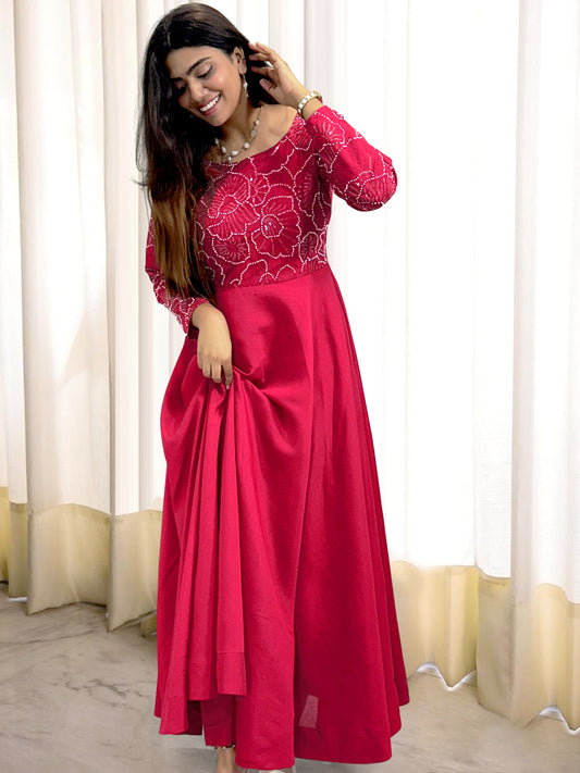 Party Wear Red Color Embroidery And Beads Hand Worked With Well Fitted Gown