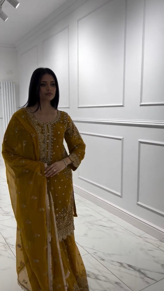 Party Wear Mustard Yellow Embroidery Sequence Worked Top-Plazzo And Dupatta Set