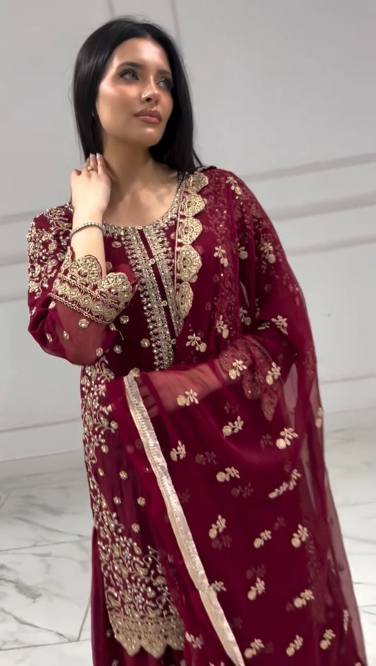 Party Wear Dark Red Embroidery Sequence Worked Top-Plazzo And Dupatta Set