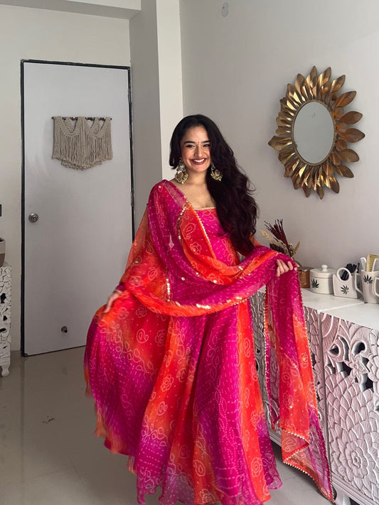 Fancy Bandhej Digital Print Worked Anarkali Suit Set