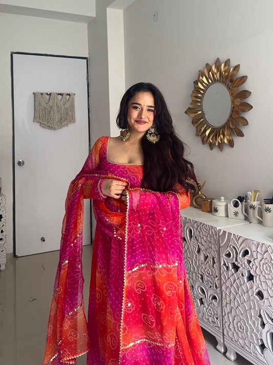 Fancy Bandhej Digital Print Worked Anarkali Suit Set