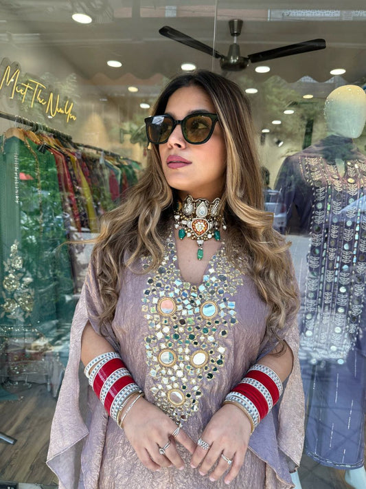 Designer Wear Golden ColorExclusive Suit In Embroidered With Real Mirror Worked Top With Plazzo Pair