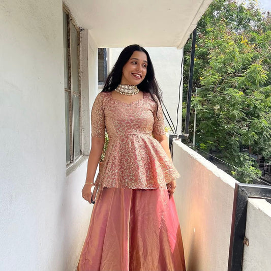 Designer Party Wear Sequence Worked Indo Western In Peach Color