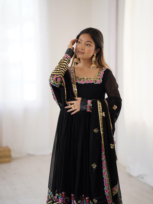 Black Color Elegant Embroidered Sequence Designer Anarkali Three Piece Set