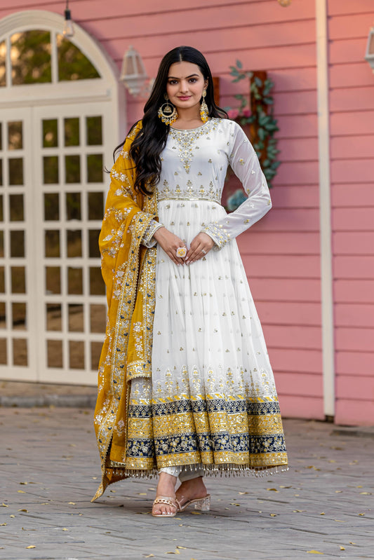 Party Wear Look Mustard And White Heavy Faux Georgette Gown,Dupatta & Bottom Set