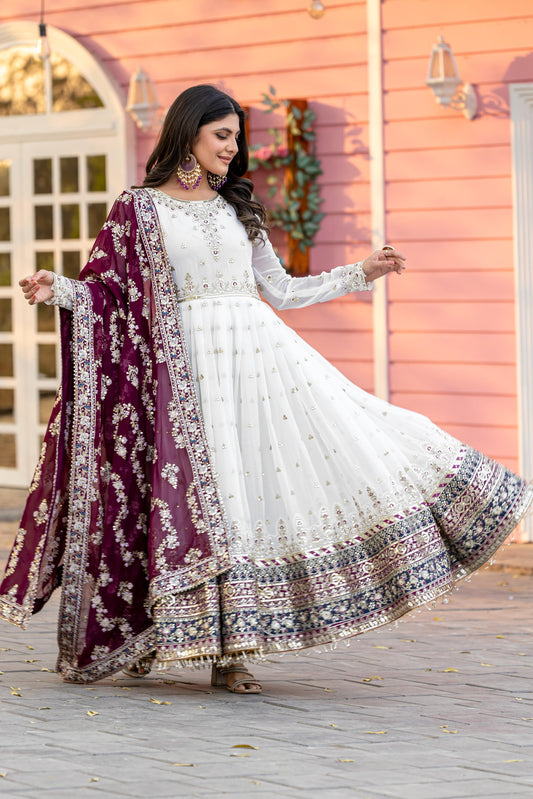 Party Wear Look Wine And White Heavy Faux Georgette Gown,Dupatta & Bottom Set