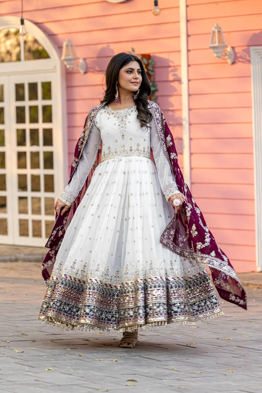 Party Wear Look Wine And White Heavy Faux Georgette Gown,Dupatta & Bottom Set