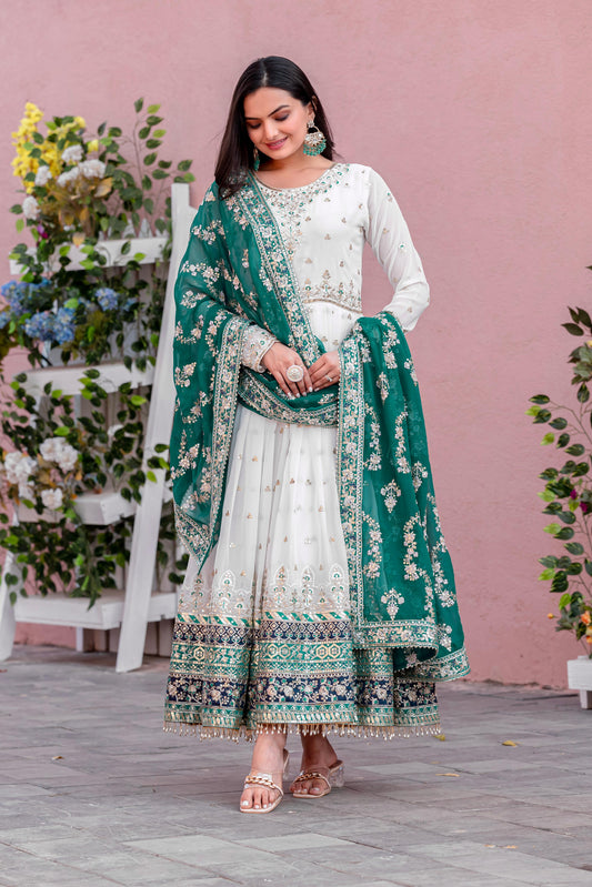 Party Wear Look Light Green And White Heavy Faux Georgette Gown,Dupatta & Bottom Set