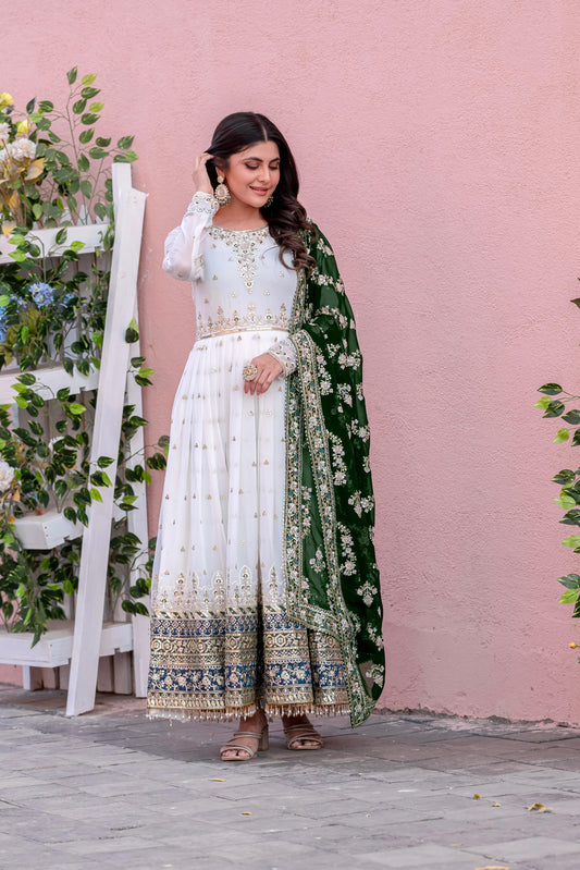Party Wear Look Green And White Heavy Faux Georgette Gown,Dupatta & Bottom Set