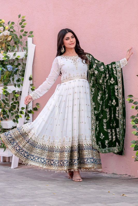 Party Wear Look Green And White Heavy Faux Georgette Gown,Dupatta & Bottom Set