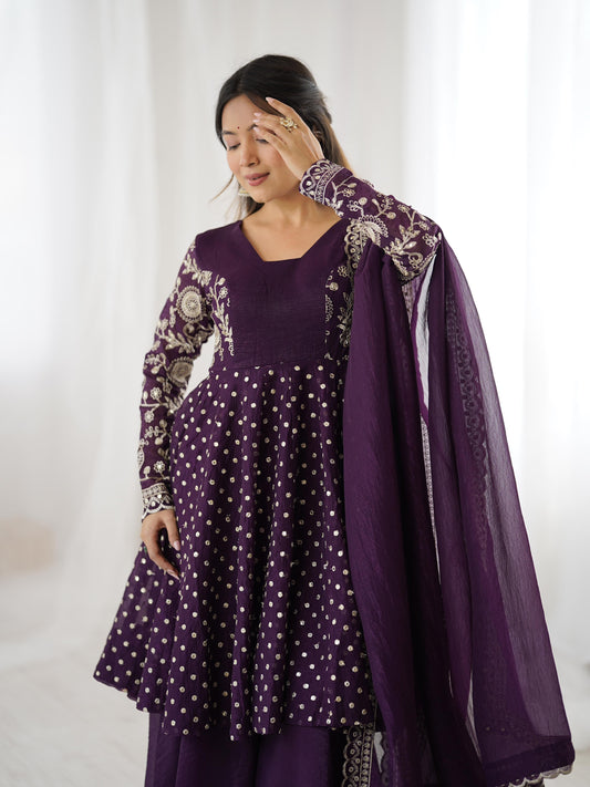 Wedding Wear Purple Color Crunchy Silk Embroidered Sharara Suit Set