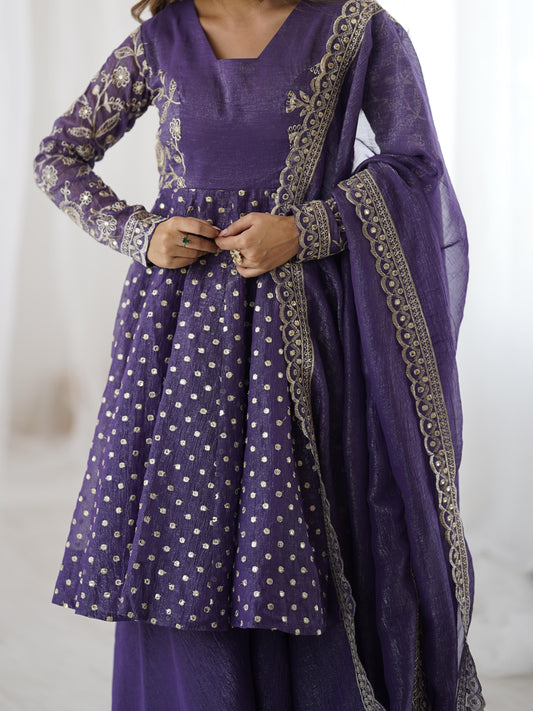 Wedding Wear Liliac Color Crunchy Silk Embroidered Sharara Suit Set